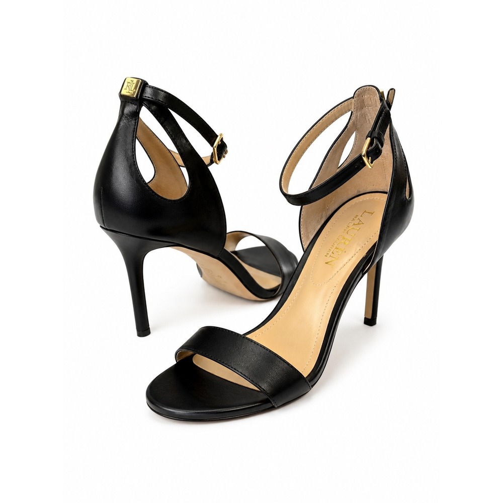 Lauren Ralph Lauren Black Leather Ankle Strap Stiletto SZ 8B Classic Dress Heels